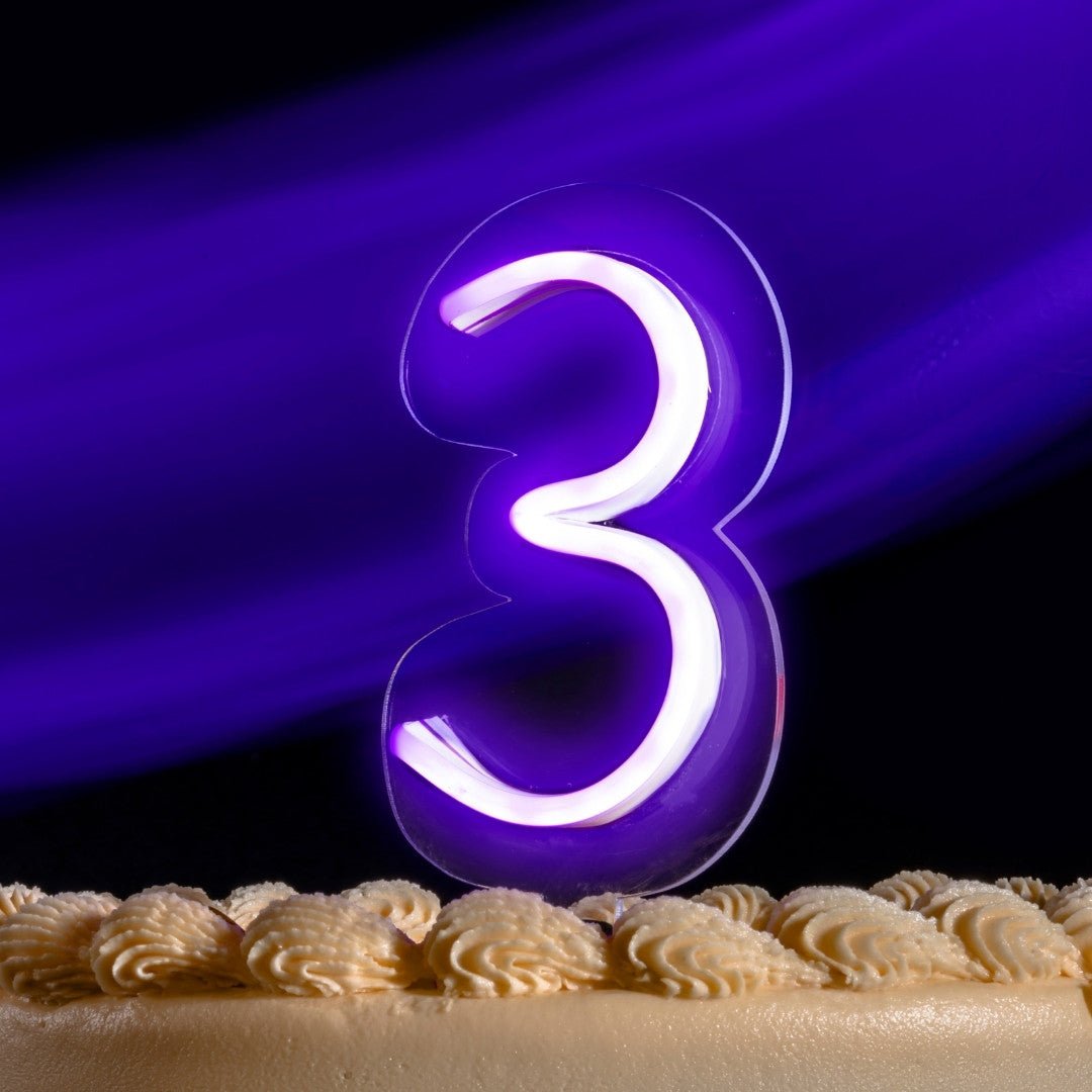 Vela Neón Flex ¨3¨ para pastel de cumpleaños variedad de colores - Lumina Ideas