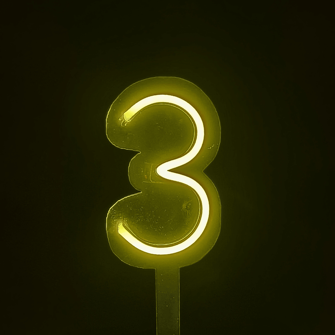 Vela Neón Flex Número 3 Premium color amarillo Lumina Ideas